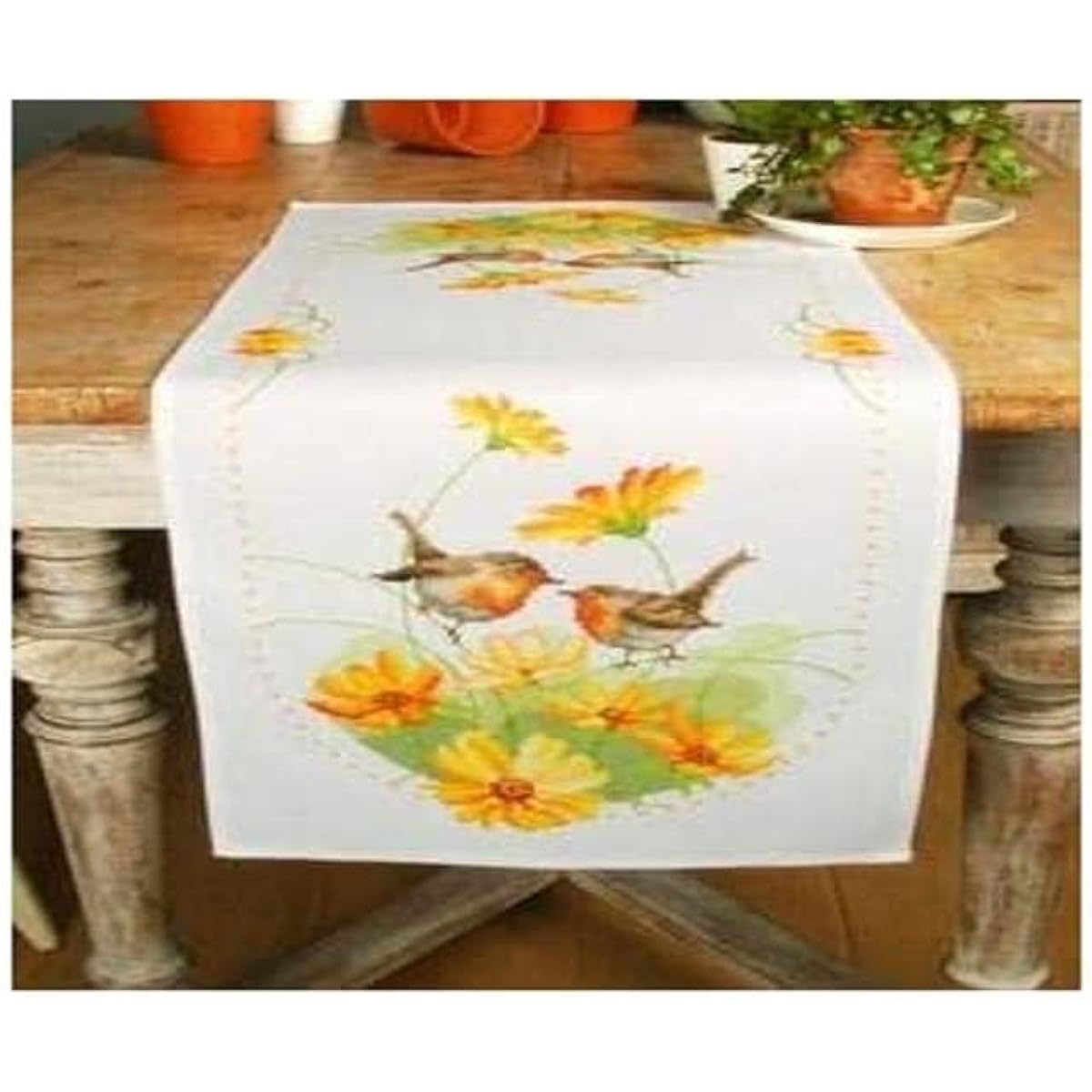 Vervaco tablerunner stitch embroidery kit Robin and Flowers counted DIY