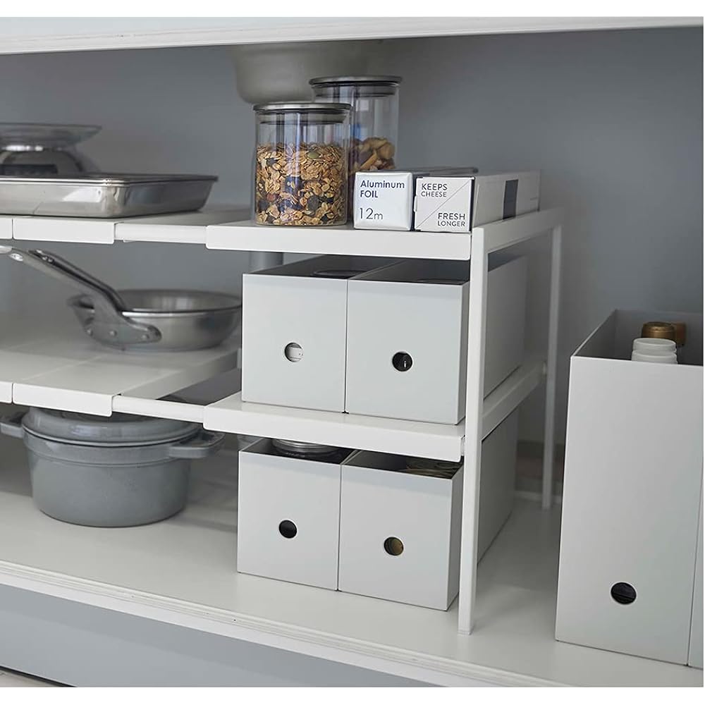 Yamazaki Jitsugyo Telescopic Under Sink Rack 2 Tiers D40 White Approx. W50~85 x D40 x H35 cm Tower Under Sink Storage 6 Levels Height Adjustment Width Adjustment 4950