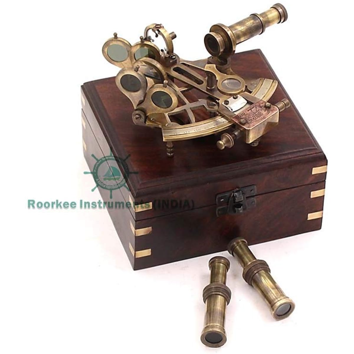 RII J. Scott London Nautical Brass Pocket Sextant, Navy Sailor's Sextant, Celestial Navigation, Astrolabe Sextant Tool with 2 Extra Sighting Telescopes, Wooden Box, Galaxy Gifts, Yellow