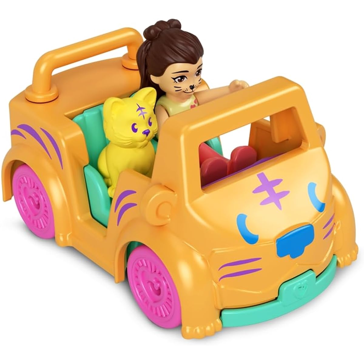Polly Pocket Collectible Micro Mini Metal Vehicle Poseable Doll and Pet Set - Kirsty Kitty Cat Orange Convertible Car and Yellow Kitten Sidekick Playset