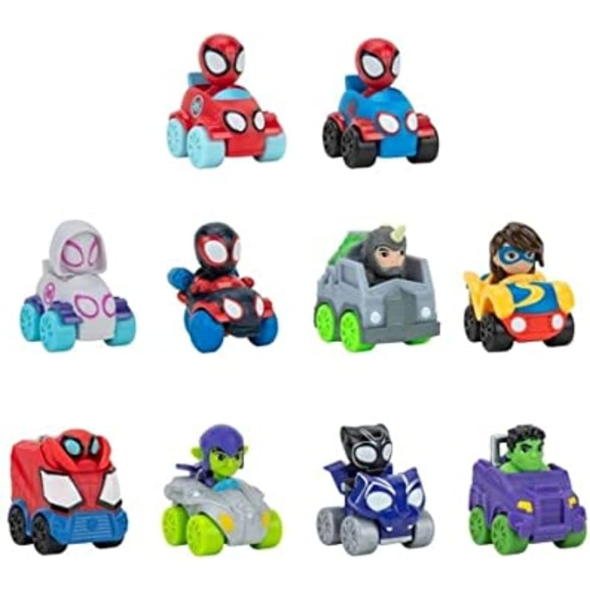 Spidey and his Amazing Friends SNF0046 10-pack of 2 assorted mini vehicles featuring Ghost Spider, Miles, Hulk and more friendly neighborhood Spider-Man toys.