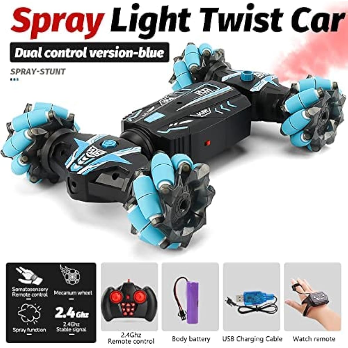 VANLINNY RC Stunt Car 4WD 2.4GHz Remote Control Car for Boys Girls 8-12 with Gesture Sensor Monster Truck Light Spray 360° Flip Double Sided Rotating Off-Road Vehicle Birthday Gift for Kids