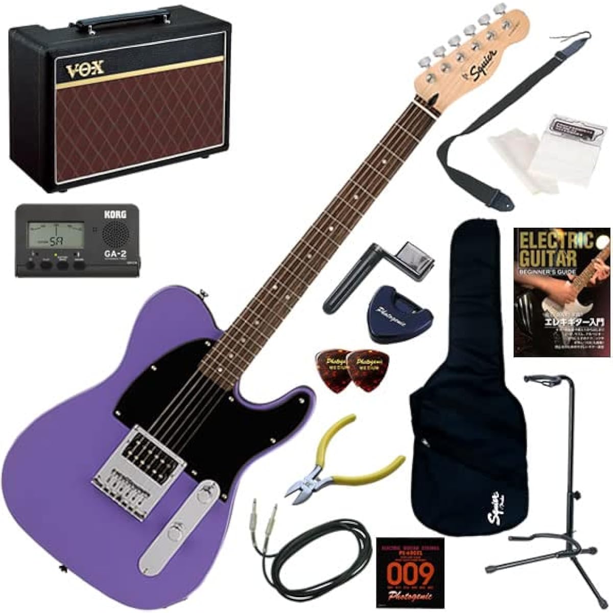 Squier Electric Guitar Beginner's Set: 14-piece set including VOX Pathfinder10, Sonic Esquire H/UVT (Ultra Violet)