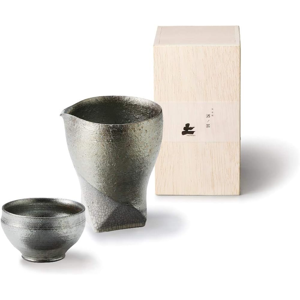 Marui Seito Shigaraki Ware Hechimon Sake Cup Set in Wooden Box Kinyo MR-3-3001