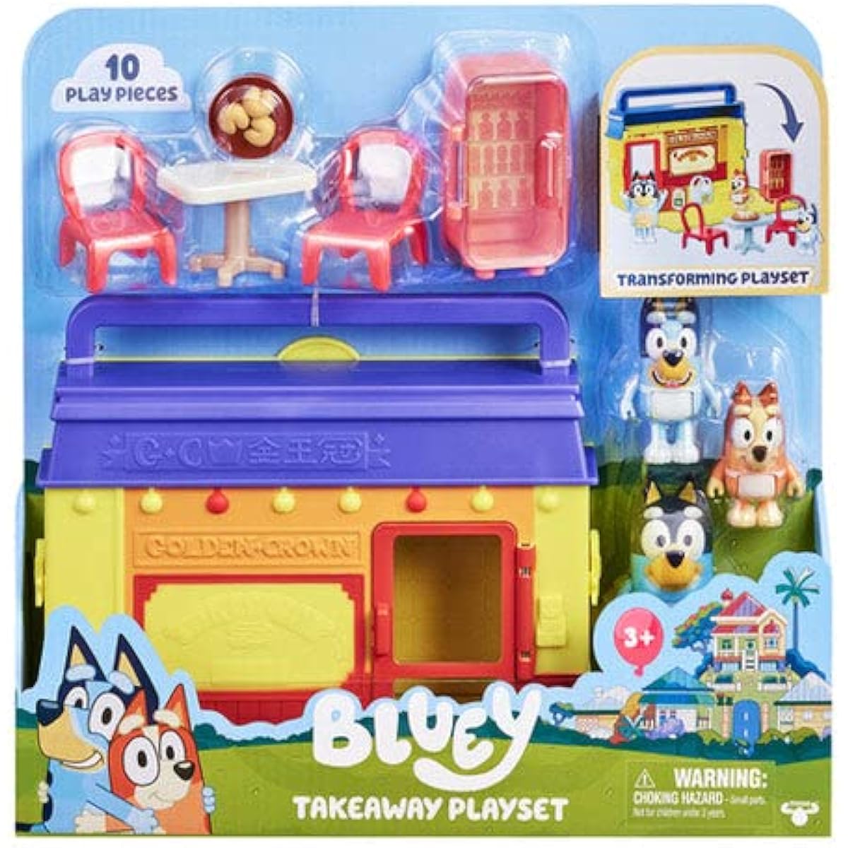 Bluey Takeout Playset - 1 Restaurant Playset, 3 Figures, 7 Accessories, Pack and Go Playset, 11 Pieces Total