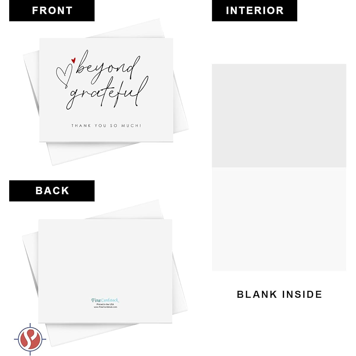Beyond Grateful Thank You So Very Much Cards with Small Red Hearts, Elegant Foldover Greetings for Weddings, Christmas, Valentines, Bridal Showers, Anniversaries, Blank Inside, 4.25 x 5.5 Inches, 10 per Pack