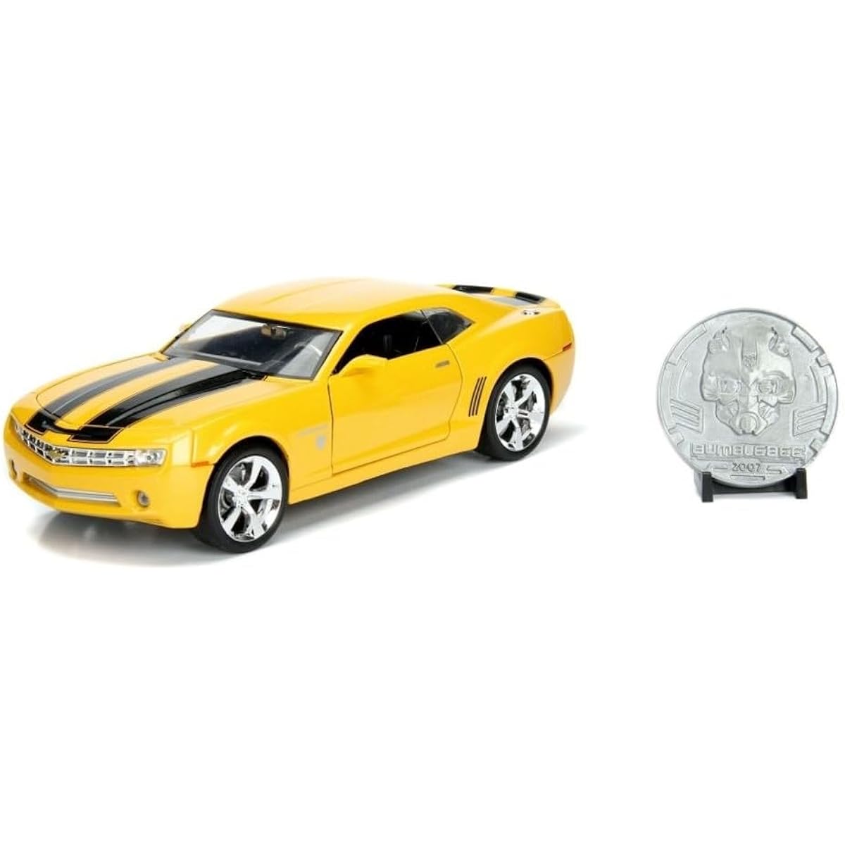 2006 Chevy Camaro Concept Yellow Bumblebee with Robot on Chassis and Collectible Metal Coin Transformers Movie 1/24 Diecast Model Car by Jada 98497