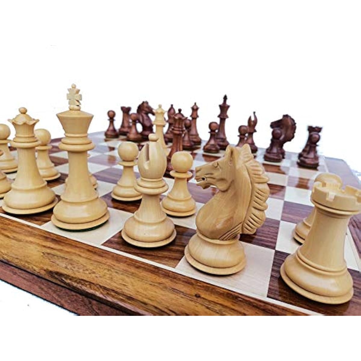 Combo Chess Set Handmade Chessman with 21" Chess Board - Alban Series Chess Pieces | 4" King Golden Rosewood Chess Board 21"
