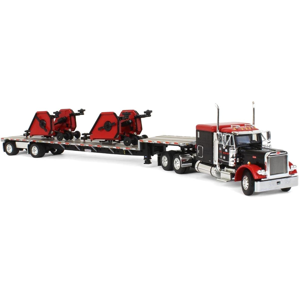 DCP Products 1/64 Black Bush Hog Peterbilt 379 63" Flat Top Sleeper with Transcraft Deck Trailer & 2 Bush Hog Wing Mowers 60-1338