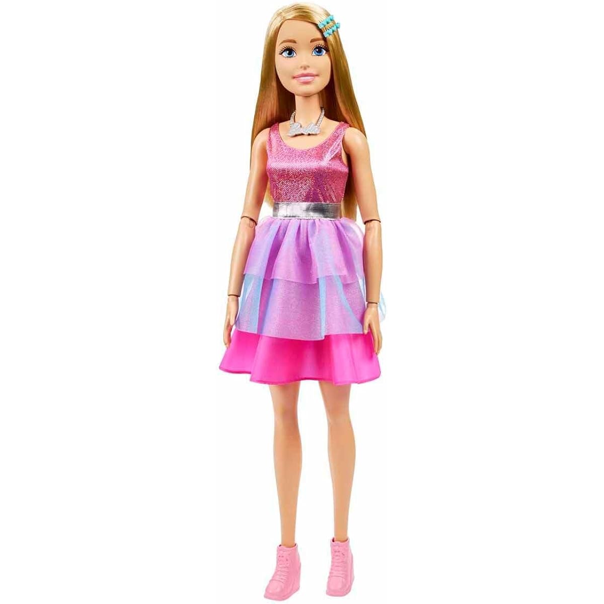 Large Barbie Doll with Blonde Hair, 28" Tall, Sparkly Pink Dress, Includes Necklace and Hair Clip Accessories, HJY02