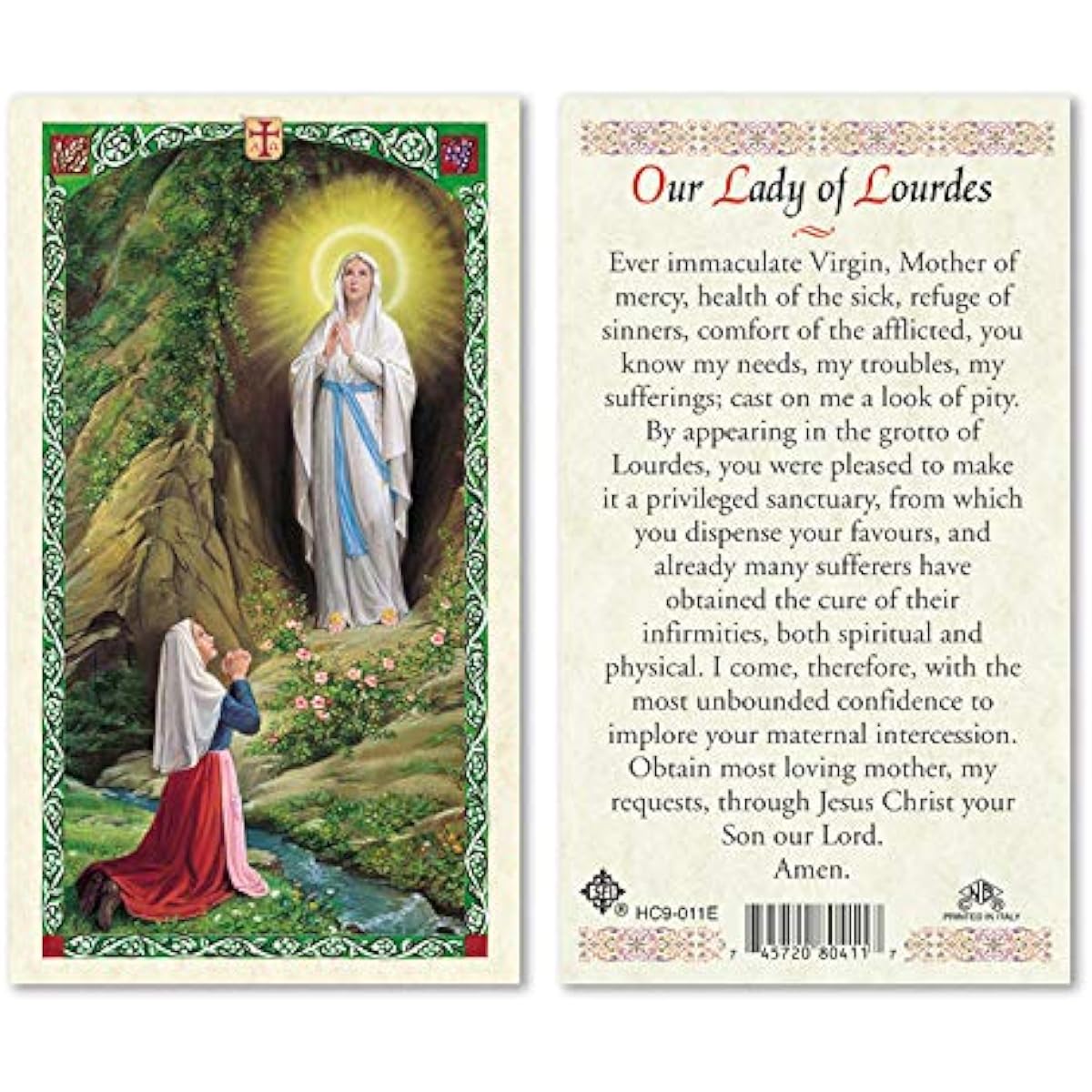 LADY OF LOURDES English Holy Card Laminated Prayer Card
