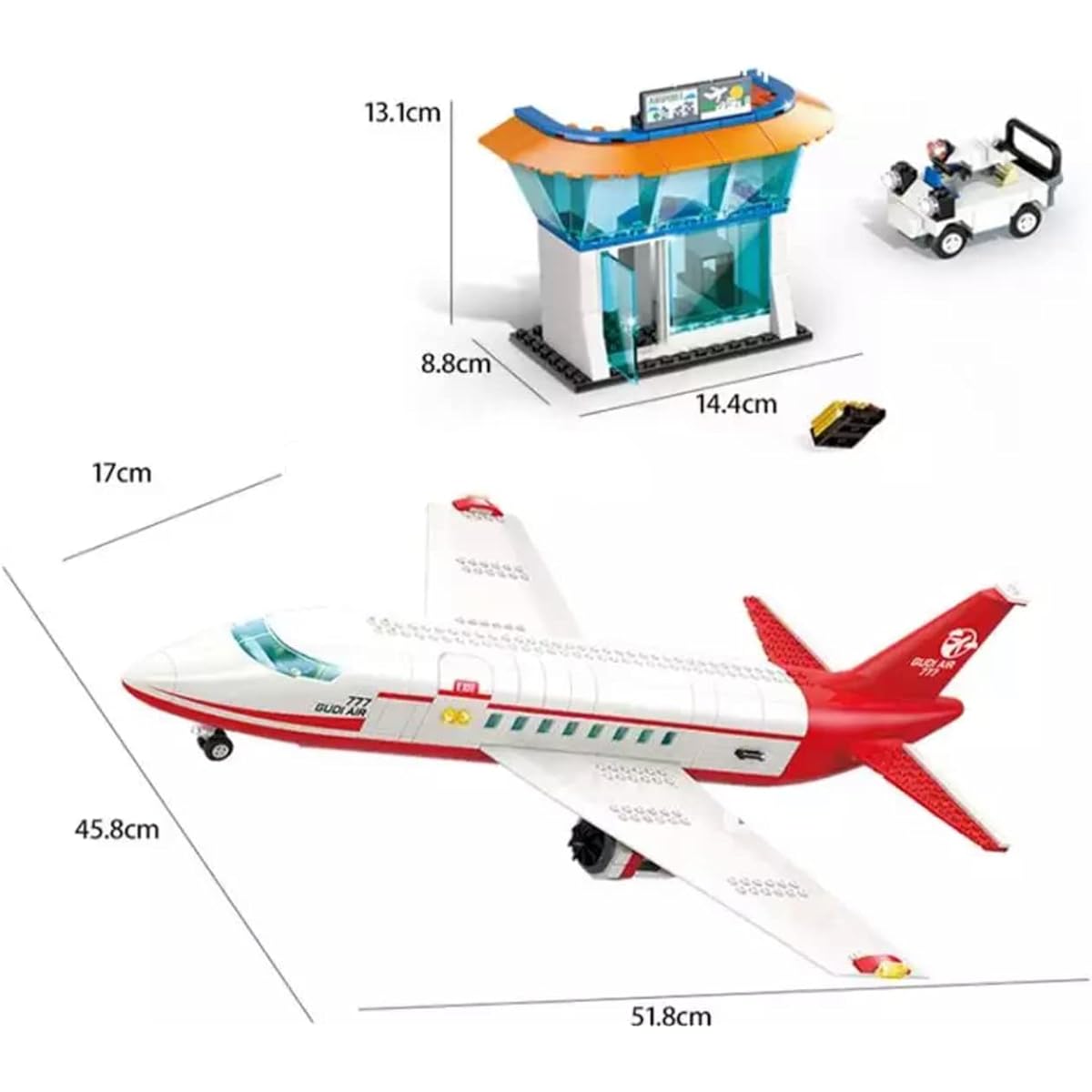 General Jim's White and Red Airliner 720 Piece Modular Building Blocks Block Toy Playset with Control Tower, Service Vehicle and Motorcycle for Teens and Adults