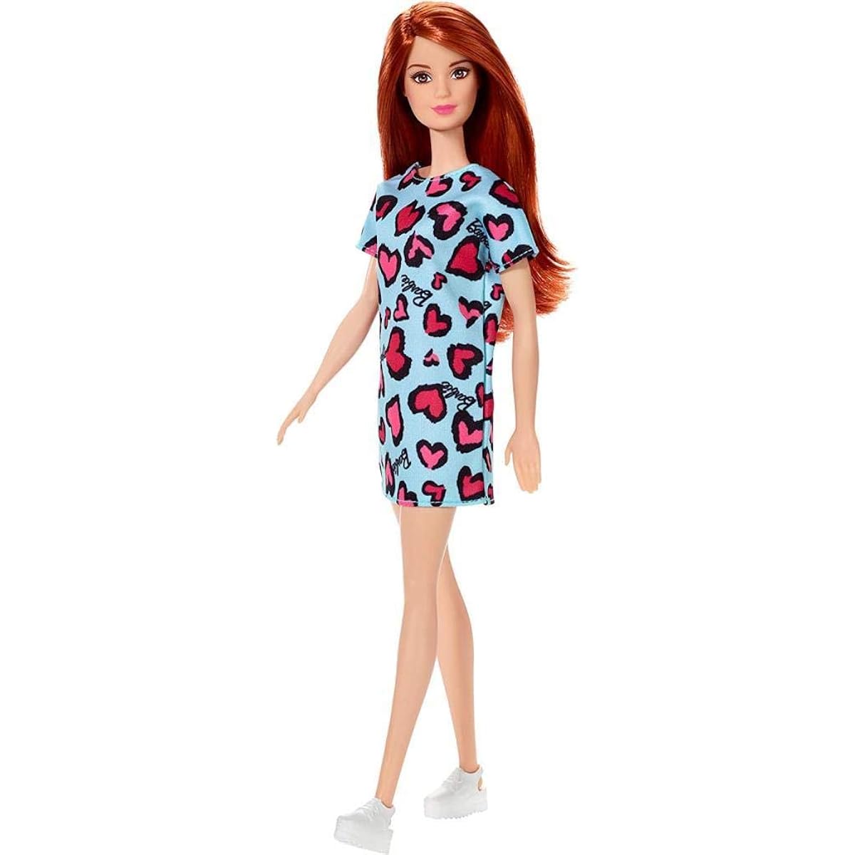 Barbie Doll with Red Hair Wearing a Yellow and Purple Heart Print Dress and Platform Sneakers Ages 3-7 Model: GHW48