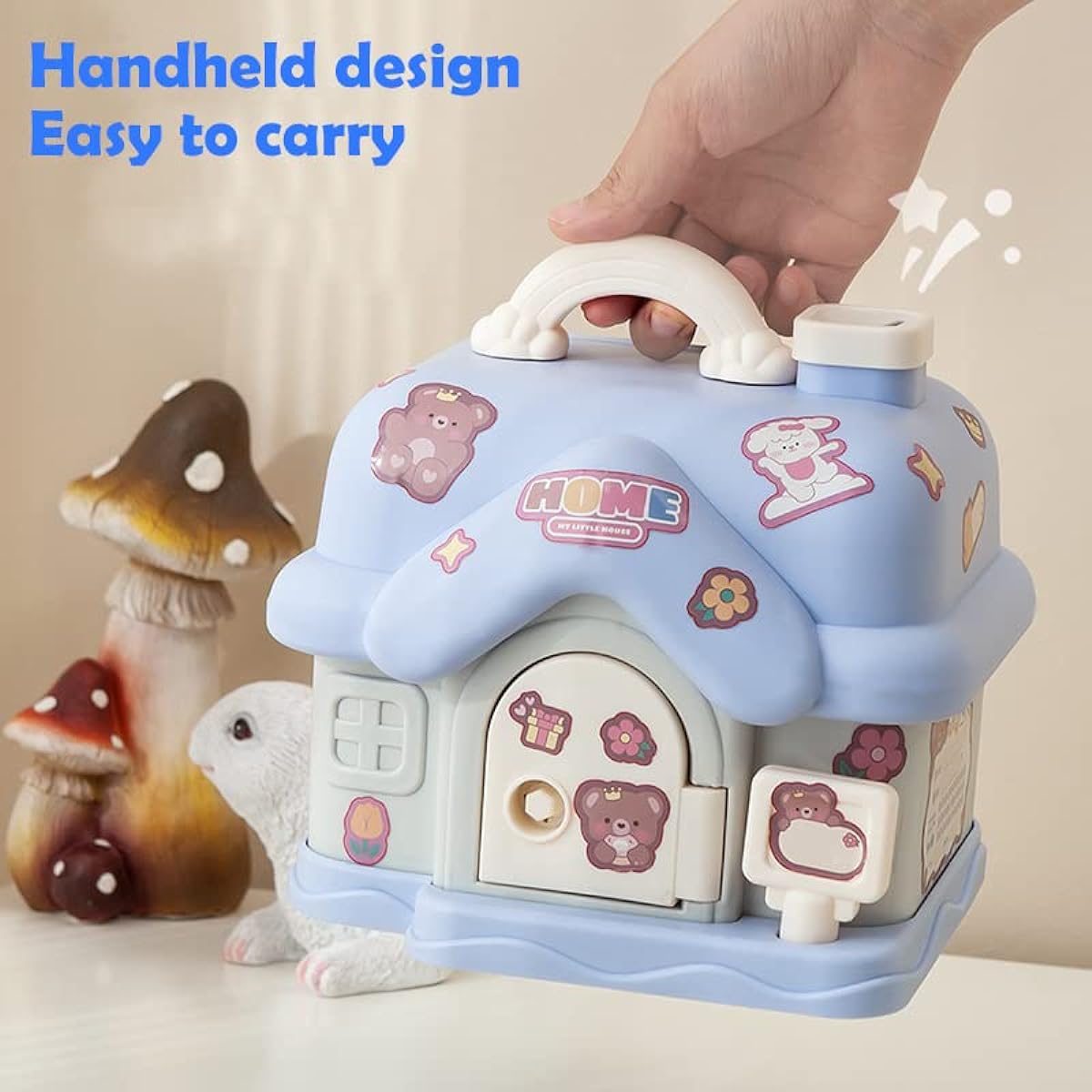 Fairy Tales Cottage Piggy Bank with DIY Sticker Gift & Key Cream House Piggy Bank Kids ATM Gift (Pink)