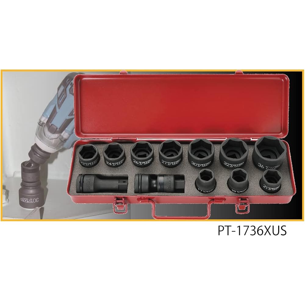 Top Industry (TOP) Impact Socket Set 17~36mm 12 Piece Set Drive Angle 12.7mm Case Included PT-1736XUS Tsubame Sanjo Made in Japan