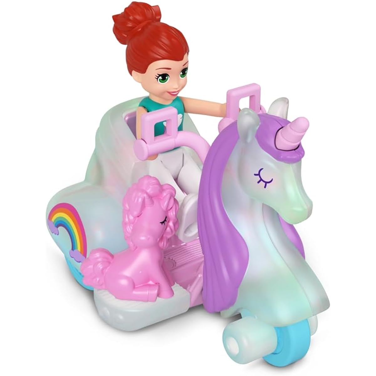 Mattel Polly Pocket Collectible Micro Mini Metal Vehicles, Poseable Dolls and Pets Set - Lila Unicorn Unicorn Scooter Car and Pink Unicorn Sidekick Playset, HMJ81, Teal, White, Pink, Purple, Blue.