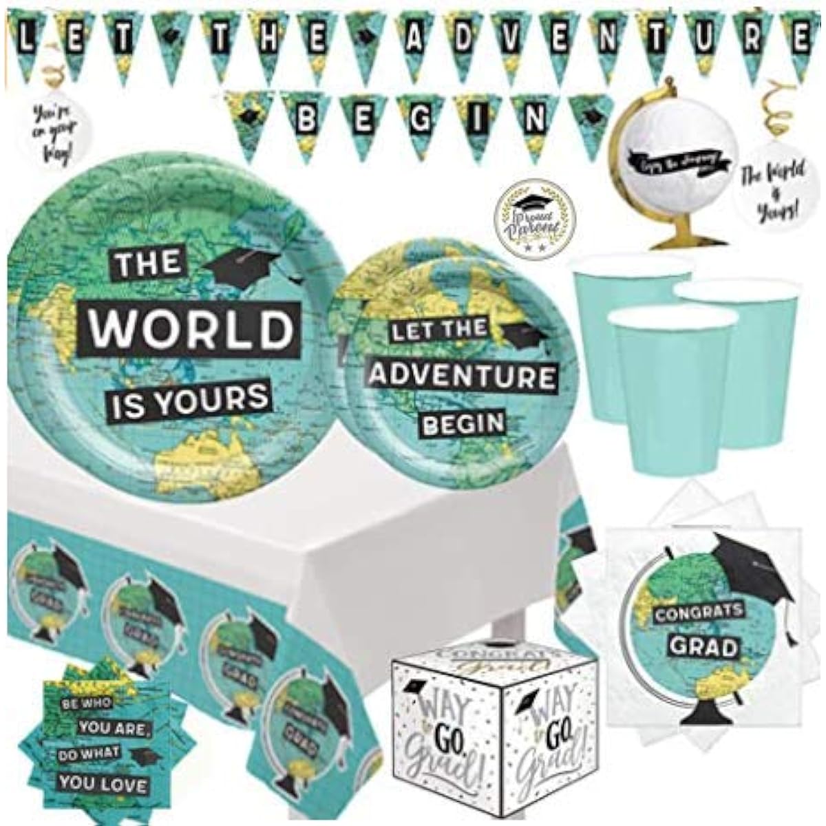 The World Awaits Graduation Party Supplies Pack - Graduation The World is Yours Dinner and Dessert Plates, Napkins, Cups, Table Cover, Banner, Honeycomb Decorations, Card Box, Graduation Pin for 16 Guests