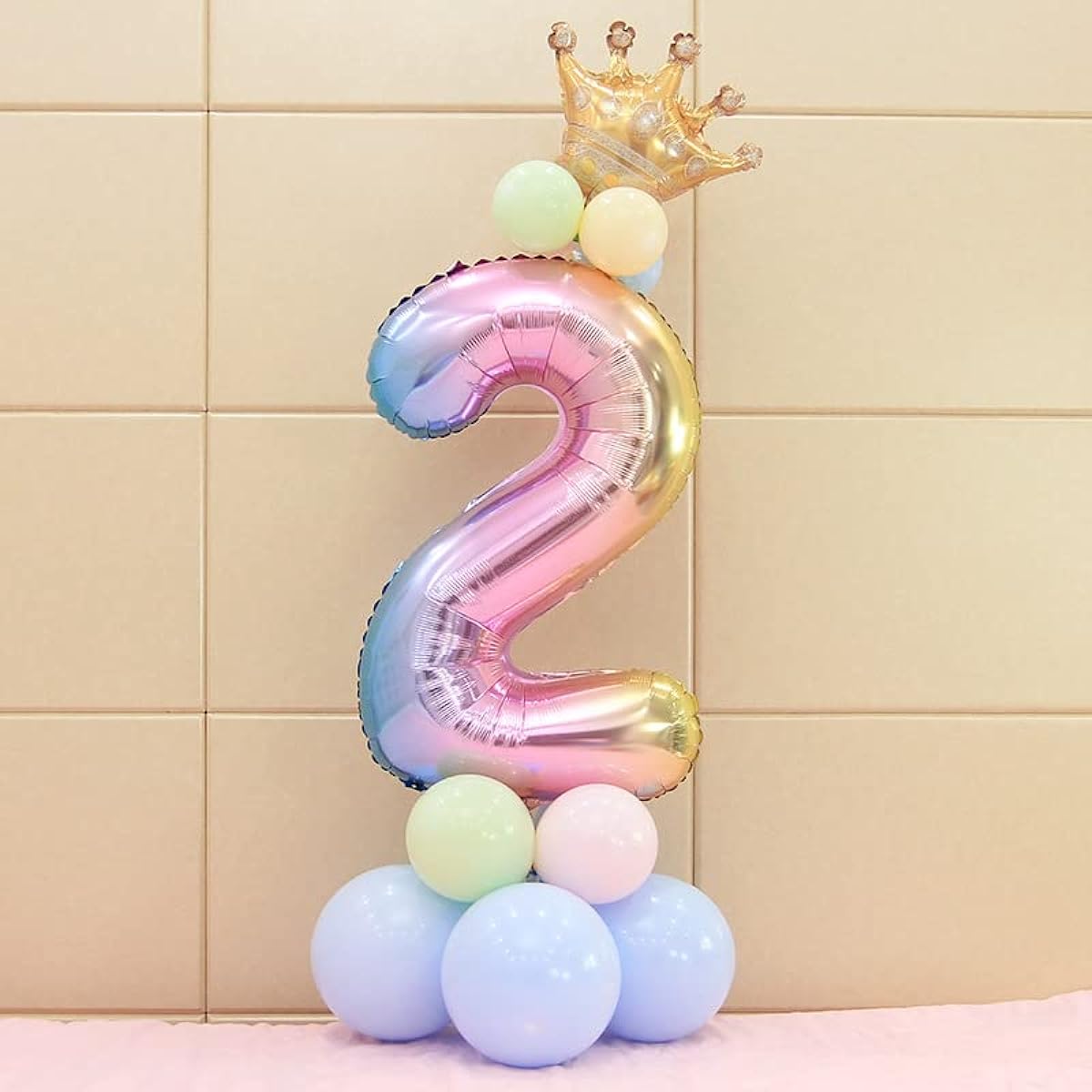 40" Rainbow Big Number 2 Balloons Set Celebration Balloons Helium Foil Balloons Latex Balloons Macron Balloons Crown Balloons Inflator Decorations Party Supplies for Birthday Party Anniversary