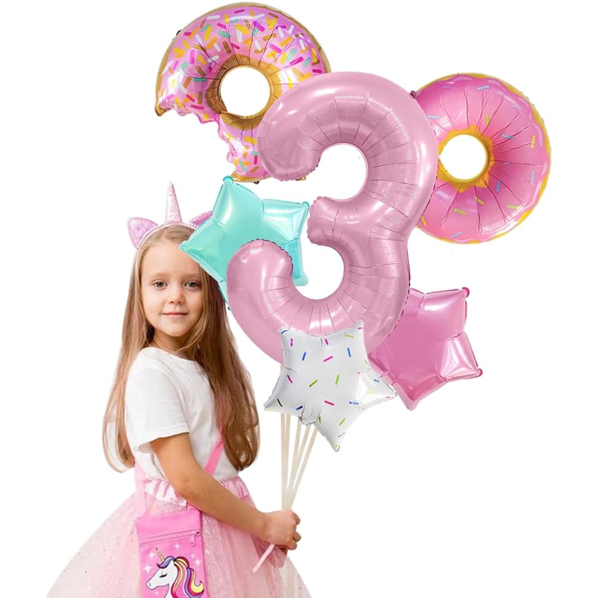Donut Birthday Decorations, 6 Pieces Dokuna Donut Balloons, 3rd Birthday Decorations for Girls, Giant Number 3 Foil Mylar Balloons, 3 Year Old Donut Theme Birthday Party Supplies Decor (Donut-3)