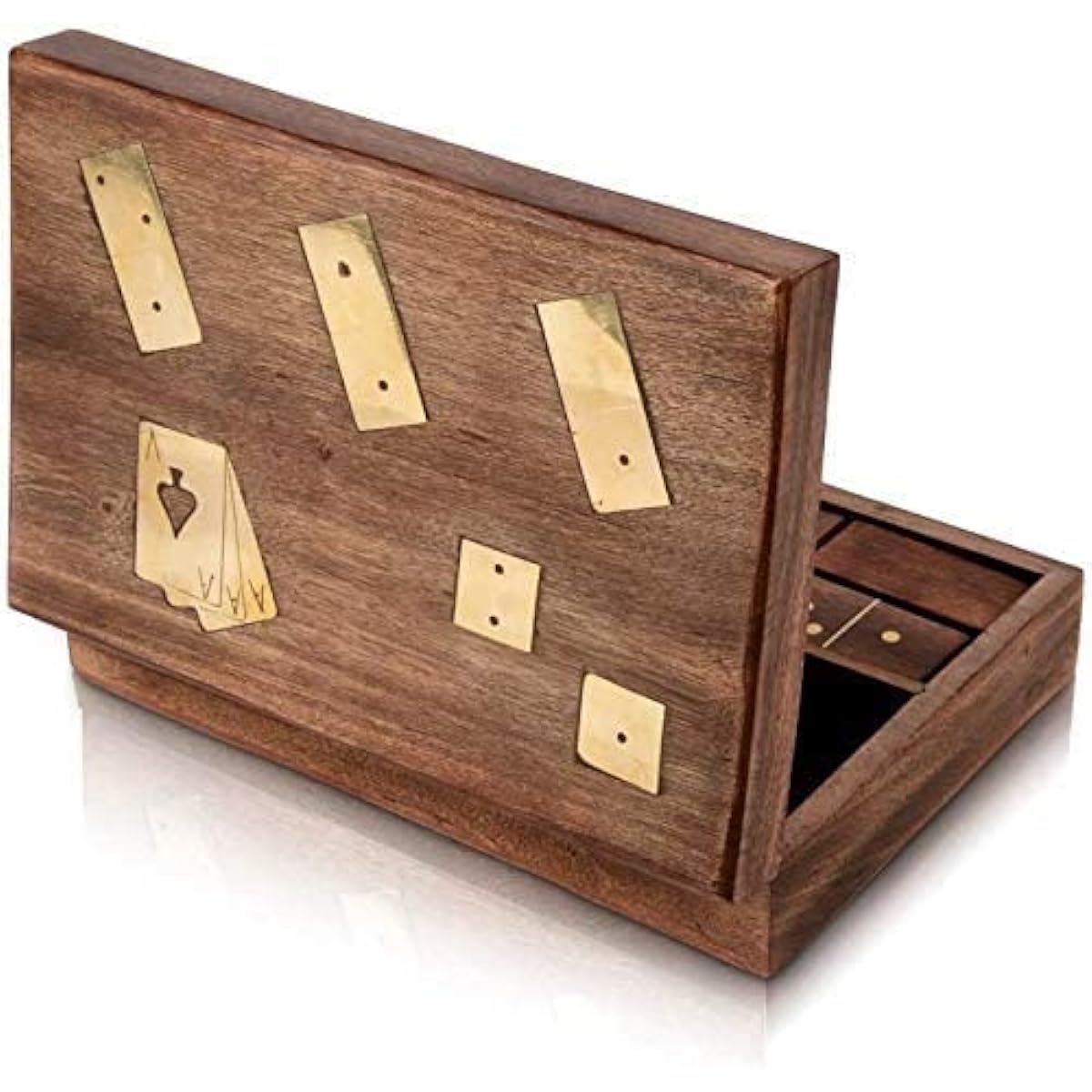 Great Gift Idea Wooden Playing Card Box with 5 Dice & 28 Domino Tiles Game Set Deck Pack Case Holder Storage Accessories with Organizer Playing Cards Classic Table Games