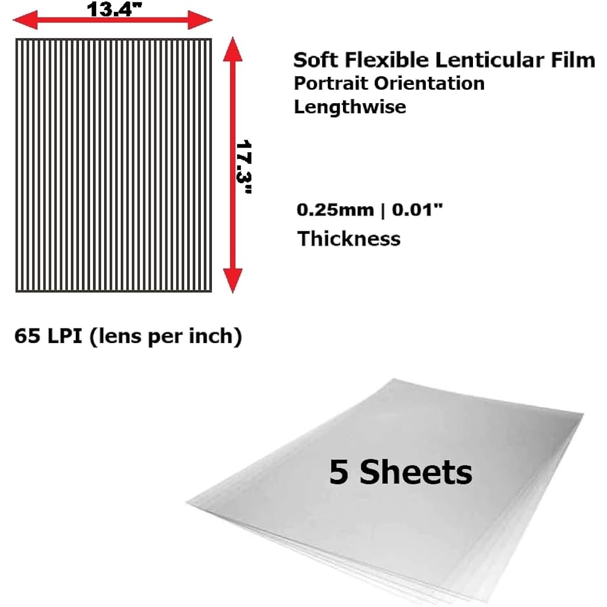 Flexible Lenticular Sheeting Film - 65LPI, Great for Magic Tricks Holographic Magic Tricks 3D Flip Image Printing Cylinder Illusions (Flexible Lenticular Sheets 17x13 inch 5 Pack)