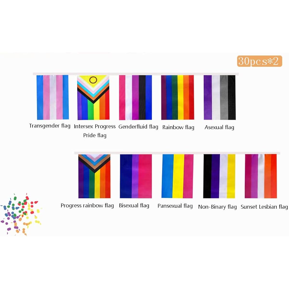 XCFH 2 Sets All Pride Rainbow Gay Flag Banner String Bunting LGBTQ Decoration 64 Feet 60 Pieces