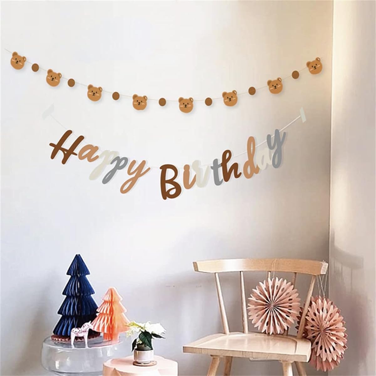 Bear Theme Happy Birthday Banner with Cute Bear Banner Birthday Party Pennant Decoration Wild One Woodland Bear First Birthday Party Supplies