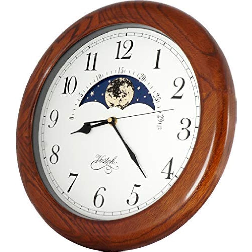 JUSTIME Moon Phase Wall Clock, Large Clock, Wall Hanging, Silent Clock, Wall Clock, Wooden, Oak Wood, Wall Clock, No Second Hand Sound, Stylish