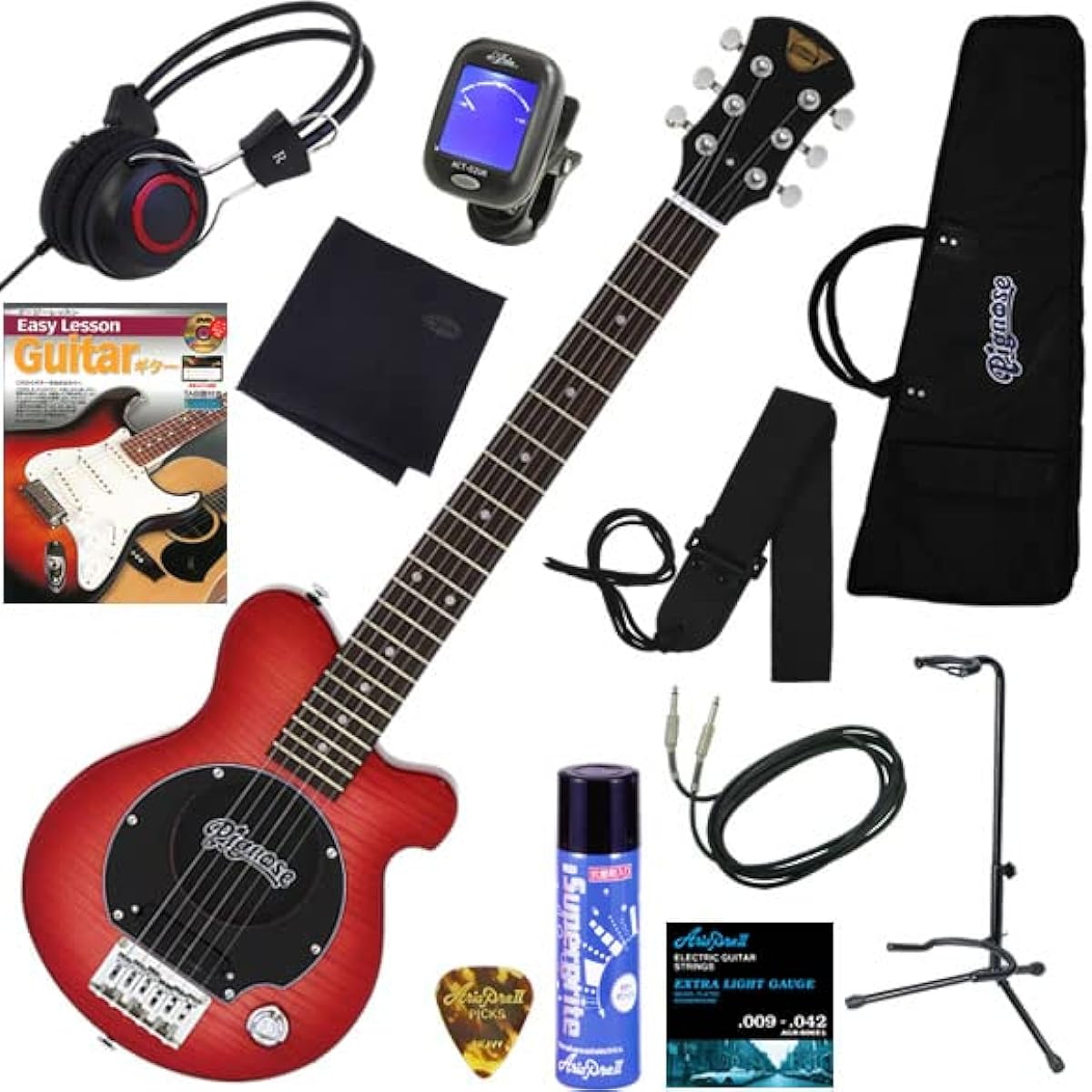 PIGNOSE electric guitar with built-in amplifier Beautiful flame maple top Comes with headphones so you can play without worrying about playing at night Complete 12-piece set PGG-200FM/SBL (see-through blue)