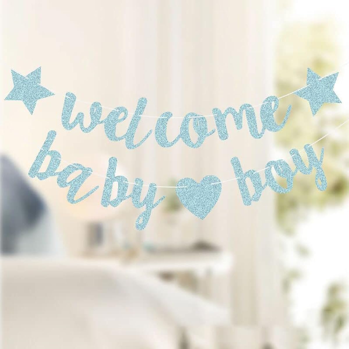 KUNGOON Welcome Baby Boy Party Banner Blue Gold Glitter Paper Sign for Baby Shower, Baby Boy Party Decorations Gifts (Blue)