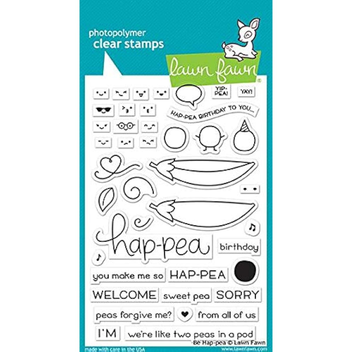 Lawn Fawn Be Hap-Pea 4"x6" Clear Stamp and Matching Lawn Cut Die Set (LF1890, LF1891), Set of 2 Items