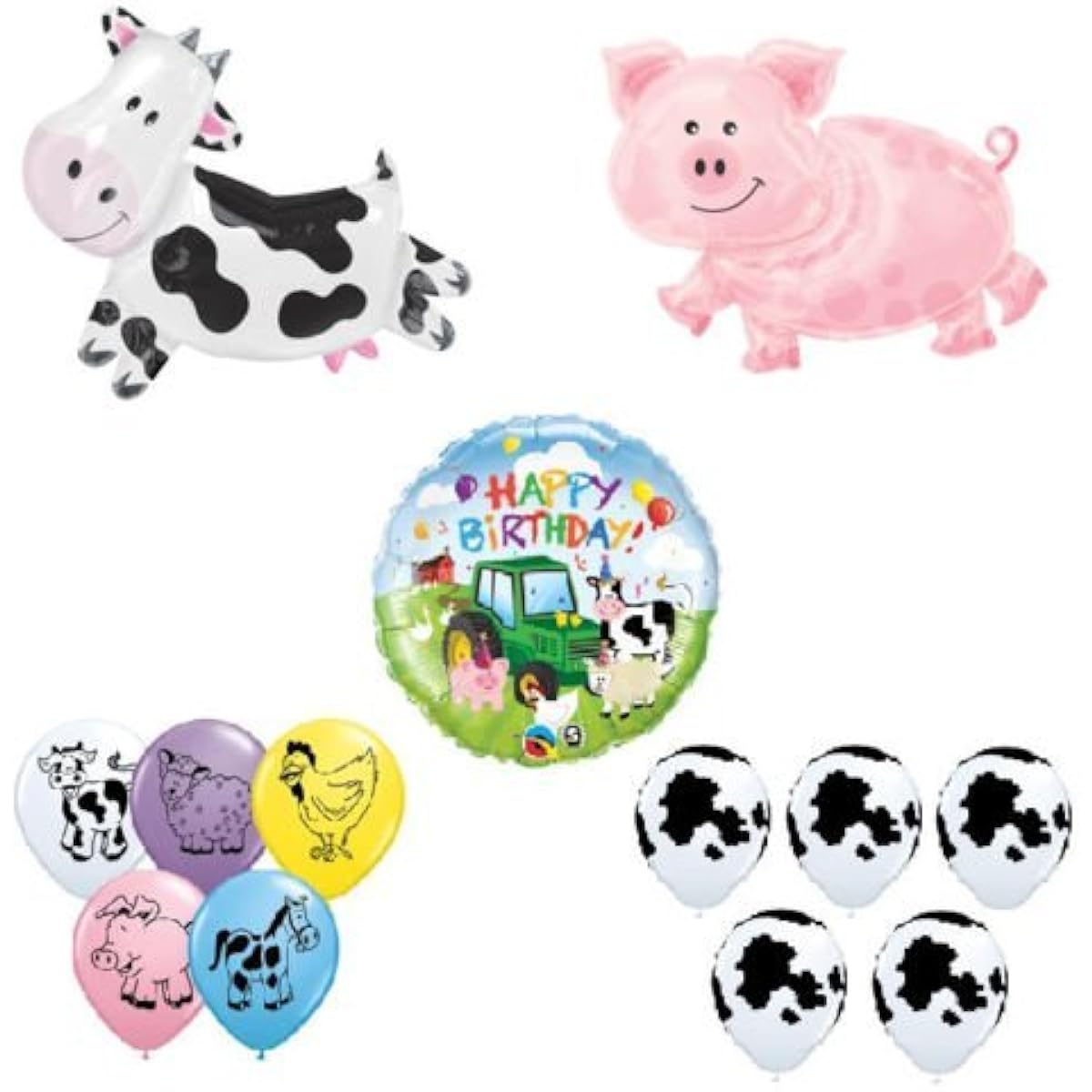 LoonBalloon Cow Pig Farm Barnyard Tractor Babies Baby Animals 13 Mylar & Latex Balloon Set