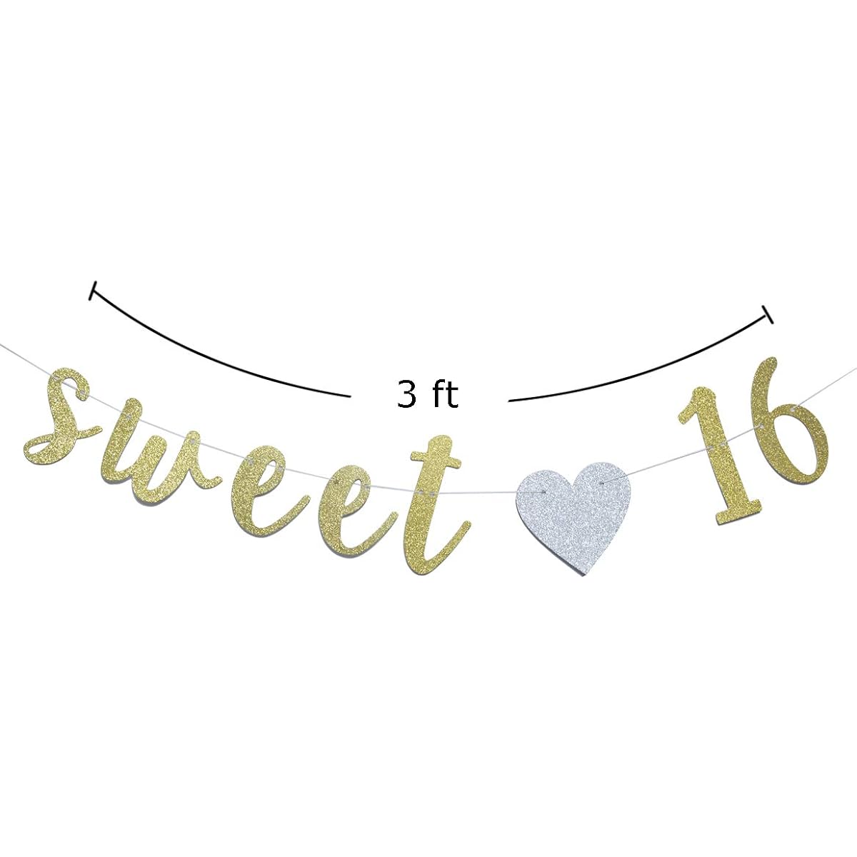 Sweet 16 Banner Gold Glitter with Hearts 16th Birthday Party Decorations Supplies with String Cursive Flags Photo Booth Props Signs (Gold & Silver)
