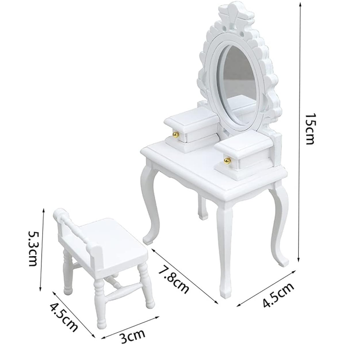 LUOZZY Miniature Furniture Accessories 2Pcs 1:12 Scale Mini Dollhouse Dresser Table and Stool Kit - White