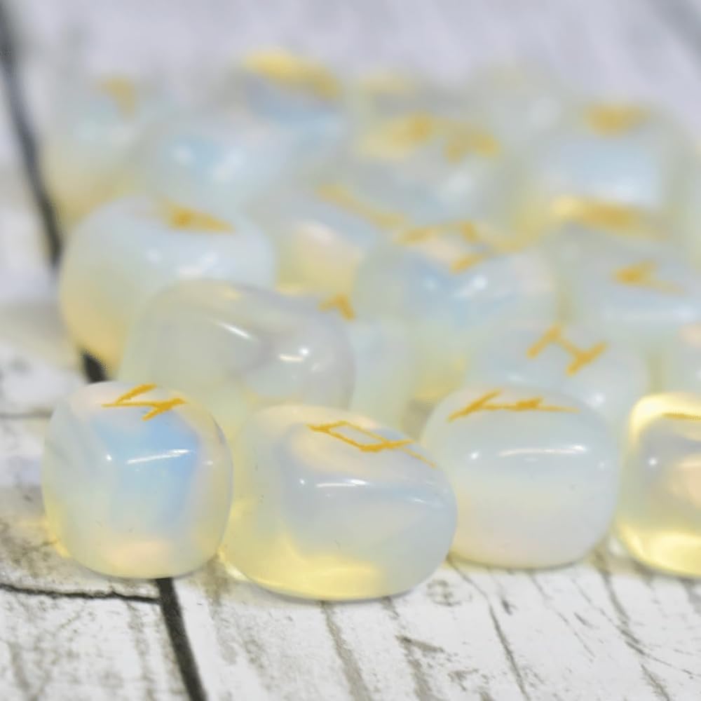 Set of 25 runes engraved on Obsidian Opal (Opalite), Comes with a pouch with runes, For rune fortune telling, Includes Japanese explanation booklet.