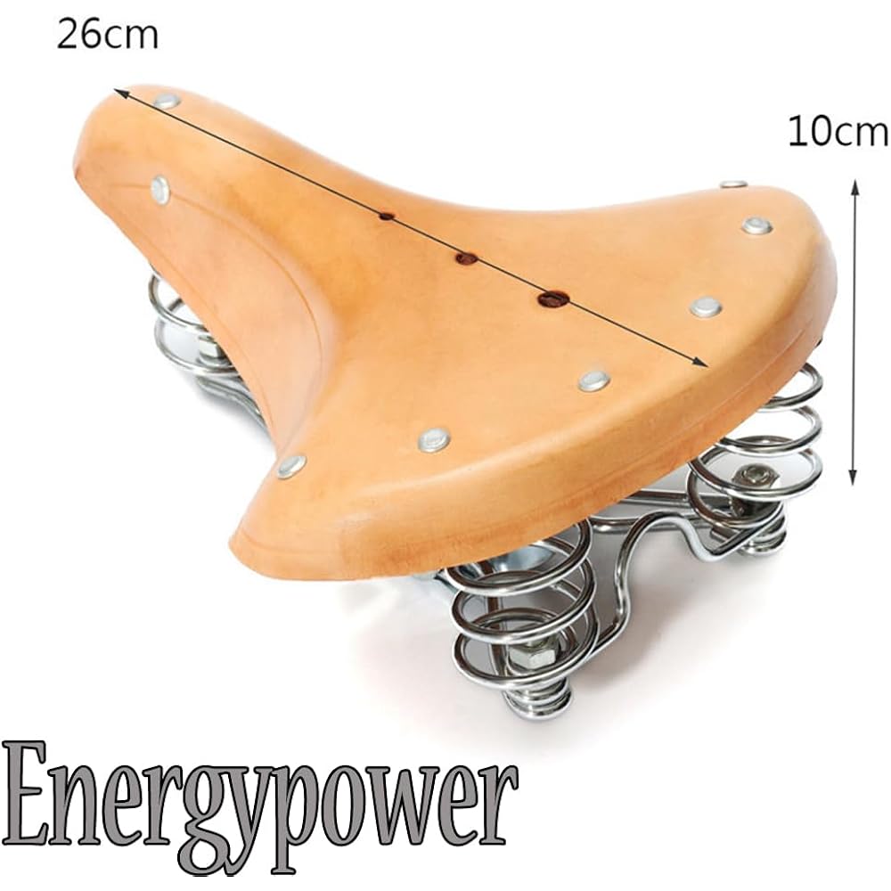 EnergyPower Bicycle Leather Saddle with Suspension Front Double Wound Coil Rear Double Spring Genuine Cow Leather Full Grain Leather Cowhide Retro Modern Shock Absorption Damper Ventilation Water Resistant Genuine Leather Saddle Mamachari/Electric Bicycl