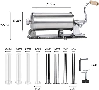 Generic 6-Pod Manual Sausage Maker Sausage Stuffer Stainless Steel Homemade Horizontal Meat Filling Kitchen Machine with 8 Stuffing Tubes Sausage Filler Sheep Intestine Handmade