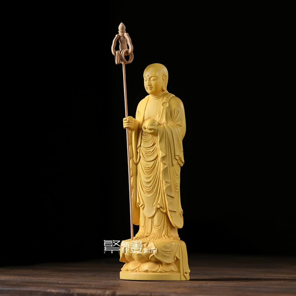 Hanro Art Sculpture Buddha Statue Jizo Bodhisattva Buddhist Altar Buddha Statue Carved Wooden Ornament Tsuge Tree Pray Warm Off Child Raising Water Child Care Protection (Height 22.5cm x Width 6cm x Depth 5cm)