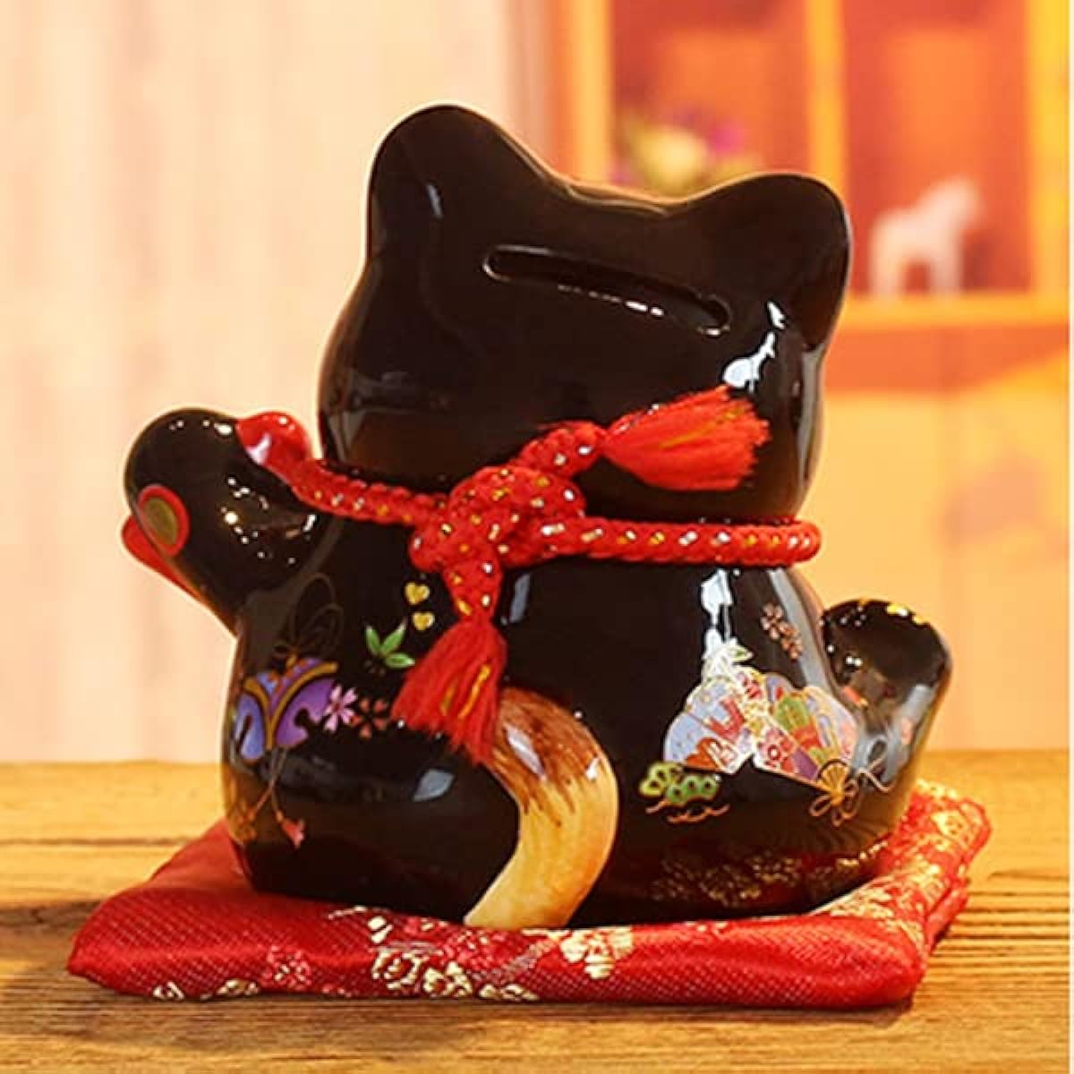 Lucky Cat Money Box Style Porcelain Ceramic Wealth Cat Chinese Feng Shui Good Luck Cat Figurine (Black, 4.5 inches)