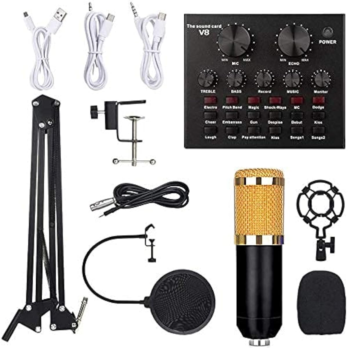 Microphone Kit, Live Sound Card Microphone Kit, Voice Changer Kit with 12 Sound Effects, Adjustable Mic Suspension Scissor Arm Mixer Board