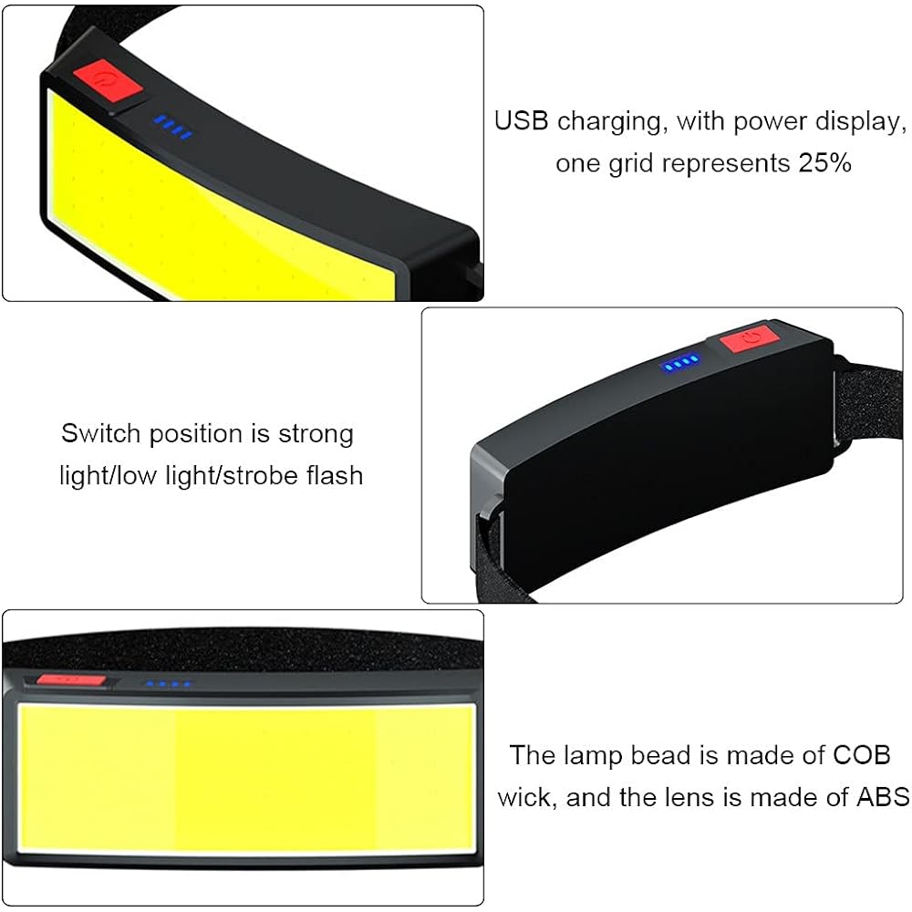 Rechargeable LED COB Headlamp, Ultra Bright Battery Powered COB Headlight with 3 Modes, Built-in Battery, 220° Wide Angle Lighting, Lightweight IPX4 Waterproof Adjustable Head Torch for Hiking, Running, Fishing, Camping, Daily Use