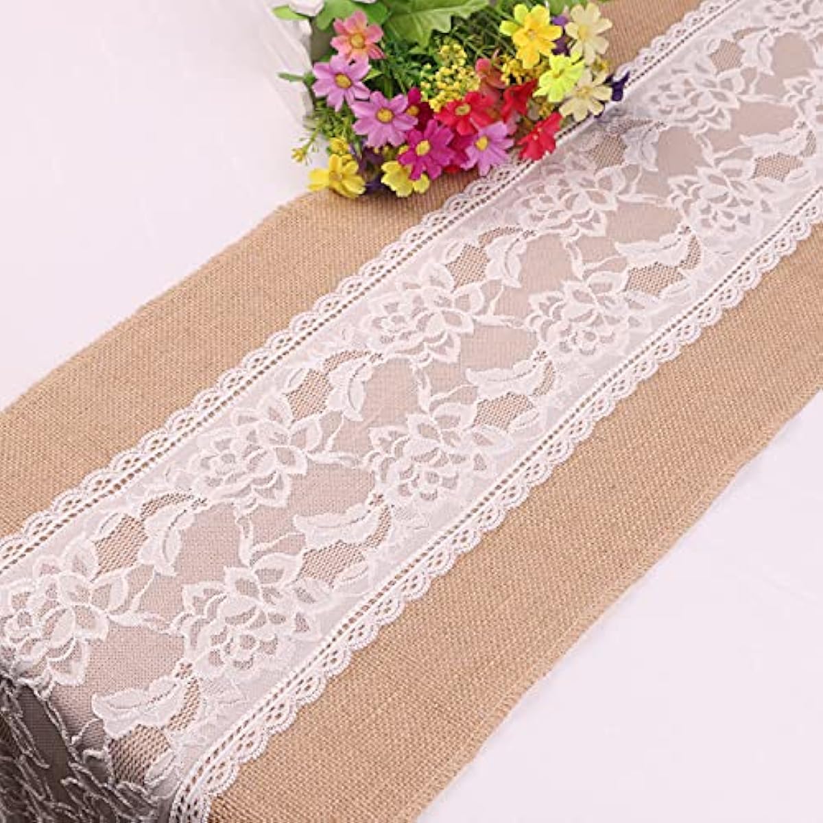 Burlap Lace Table Runner 12x108 Inch Rustic Natural Country Style for Wedding Birthday Party Banquet Pacnic Dessert Outdoor & Indoor (A)