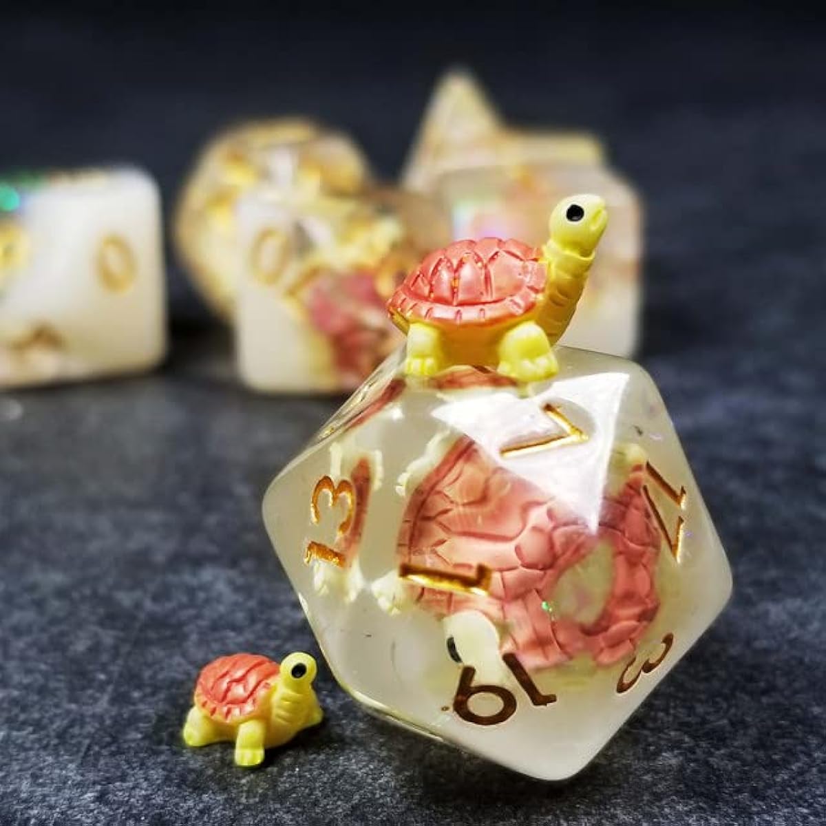 Sage's Portal Dinosaur and Reptile Familiar Resin DND Dice Set Polyhedral Dice Set Dungeons and Dragons RPG Tabletop TTRPG (Pink Baby Turtle)