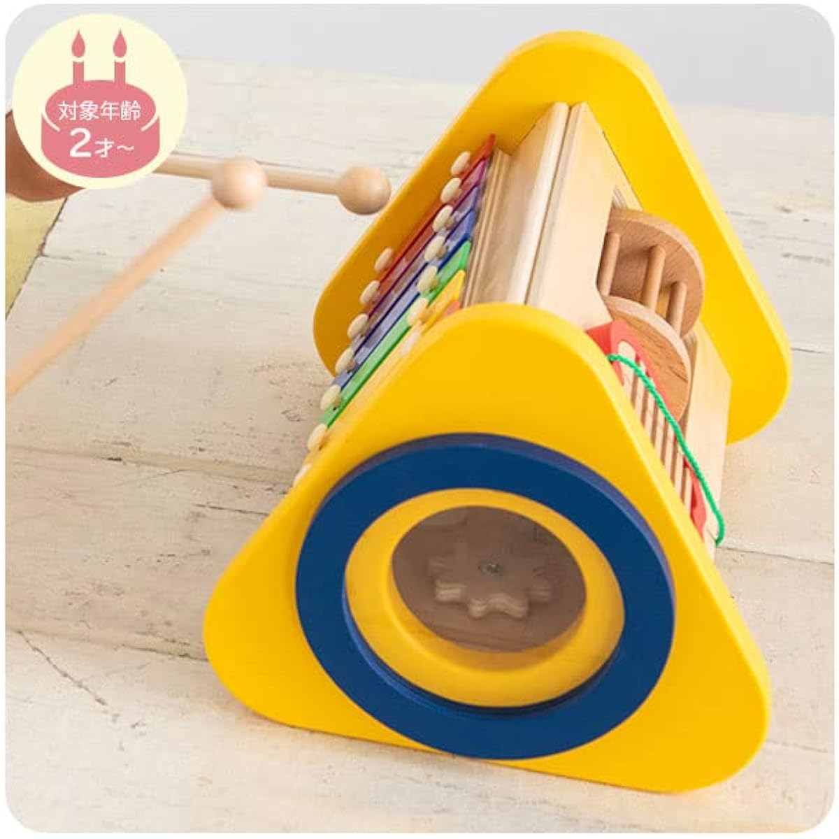 Bon Furniture Wooden Toys Drum Metallophone Gears Guiro Rattle 2 Drumsticks Included Sound Play Ages 2 and Up to 3