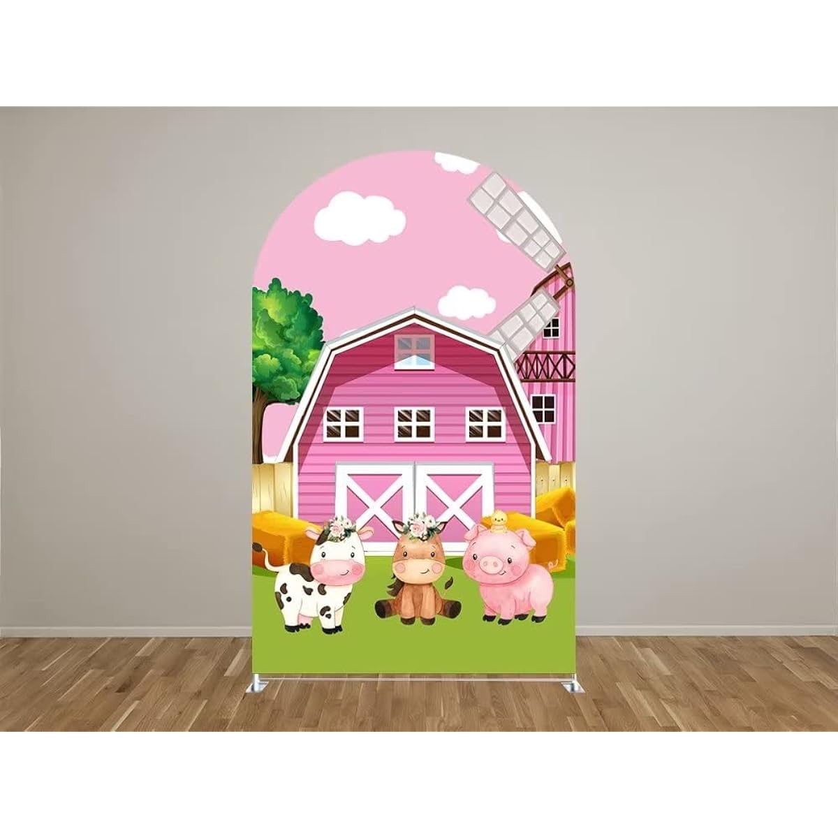 Iydamc Farm Arched Backdrop Cover Red Barn Cow Animal Arched Stretchable Background for Birthday Party Baby Shower Decoration Double Sided Arch Props GX-245-4x7ft