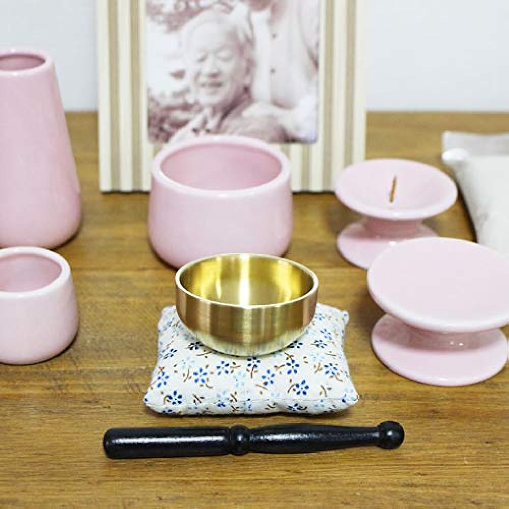 Mini Buddhist utensils 7-piece set, Korin, incense burner, incense burner ash, candle holder, vase, teacup, offering stand, pink