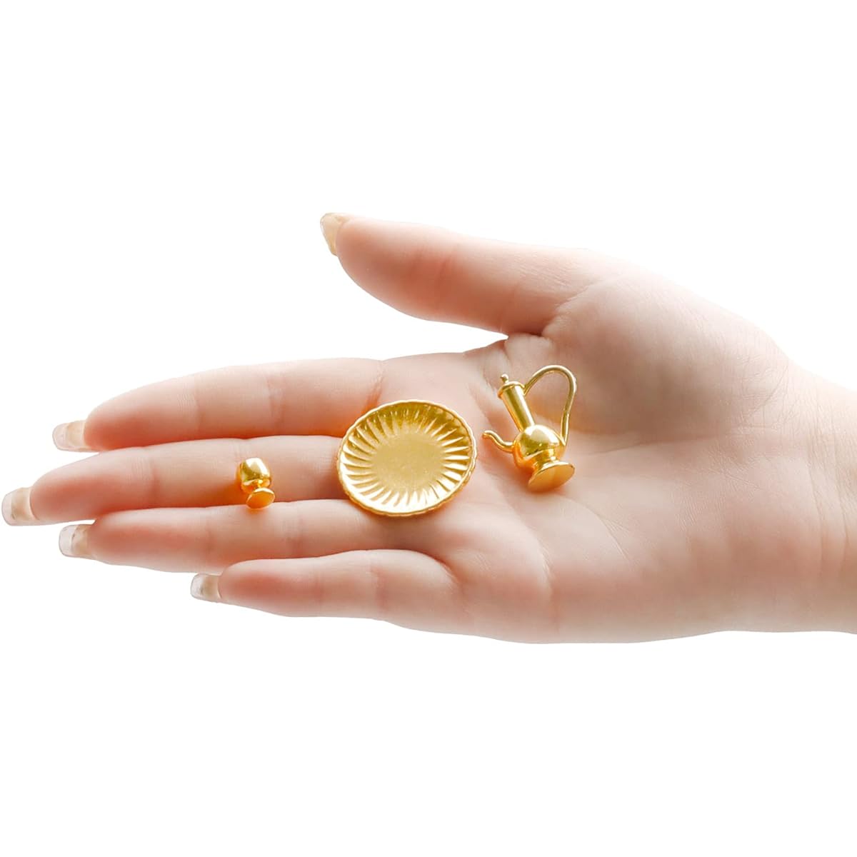Miniature Gold Tea Set Metal Teapot Cups and Tray Set 1:12 Scale Mini House Accessories Mini House Furniture Decoration Set of 6