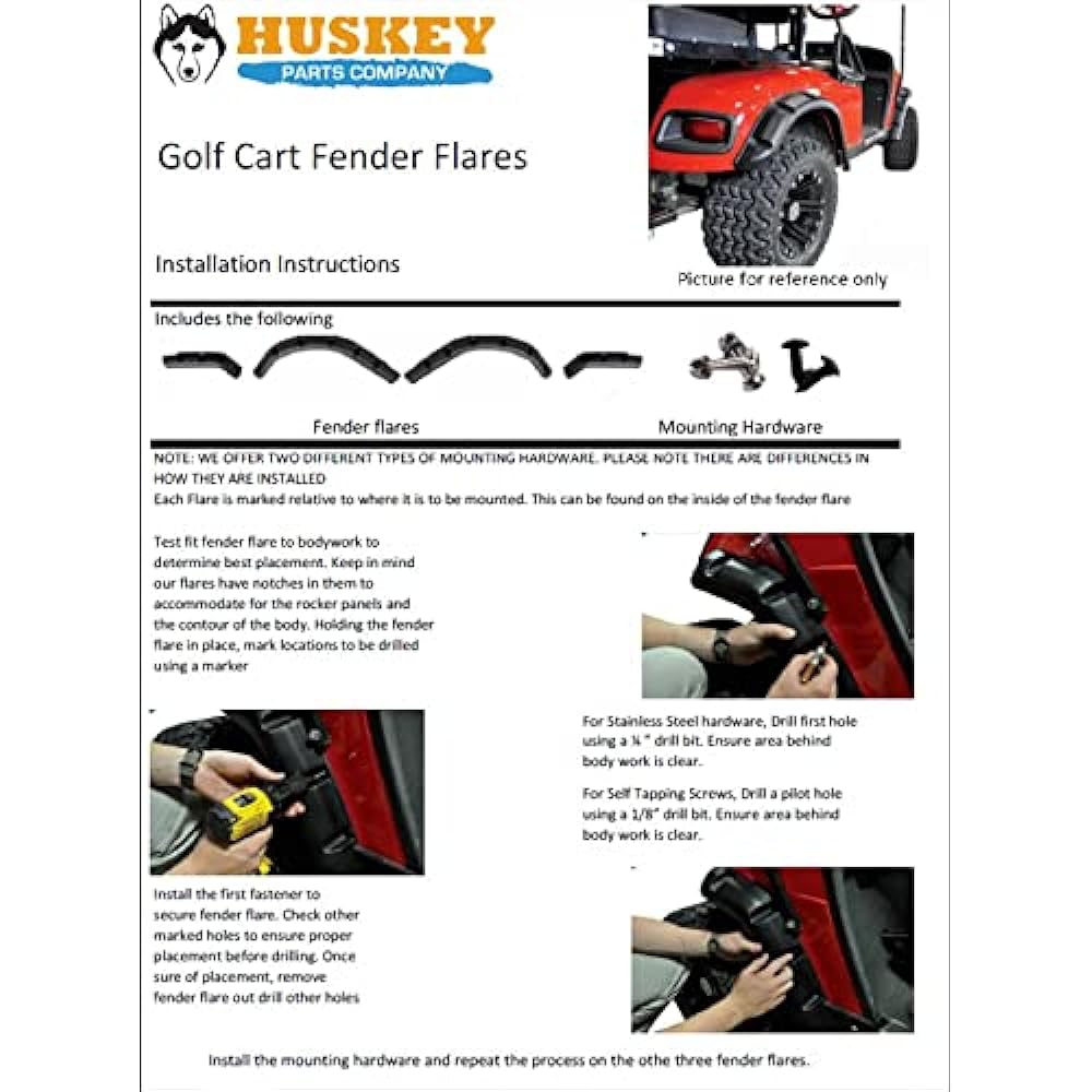 Huskey EZGO RXV Golf Cart Fender Flares with Self-Taping Screws 4 Pieces for 2008-2015 G/E Models Made of Impact Resistant ABS Plastic Recommended for Lifted Golf Carts with Off-Road Tires
