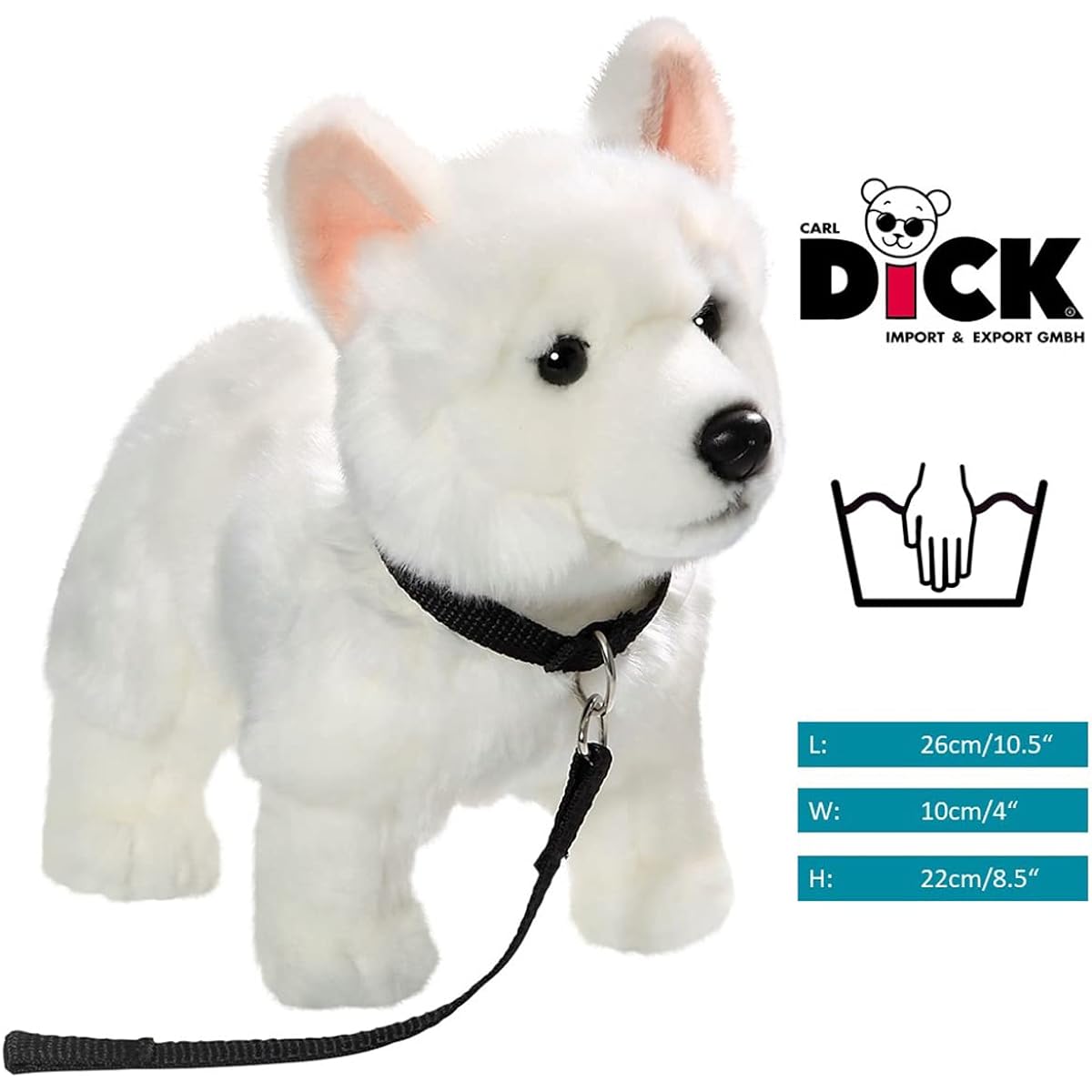 Carl Dick White Shepherd Dog and Lead Length 9 inches, Height 8 inches, 26/22 cm, Stuffed Animal, Plush Toy, Soft Toy 3485