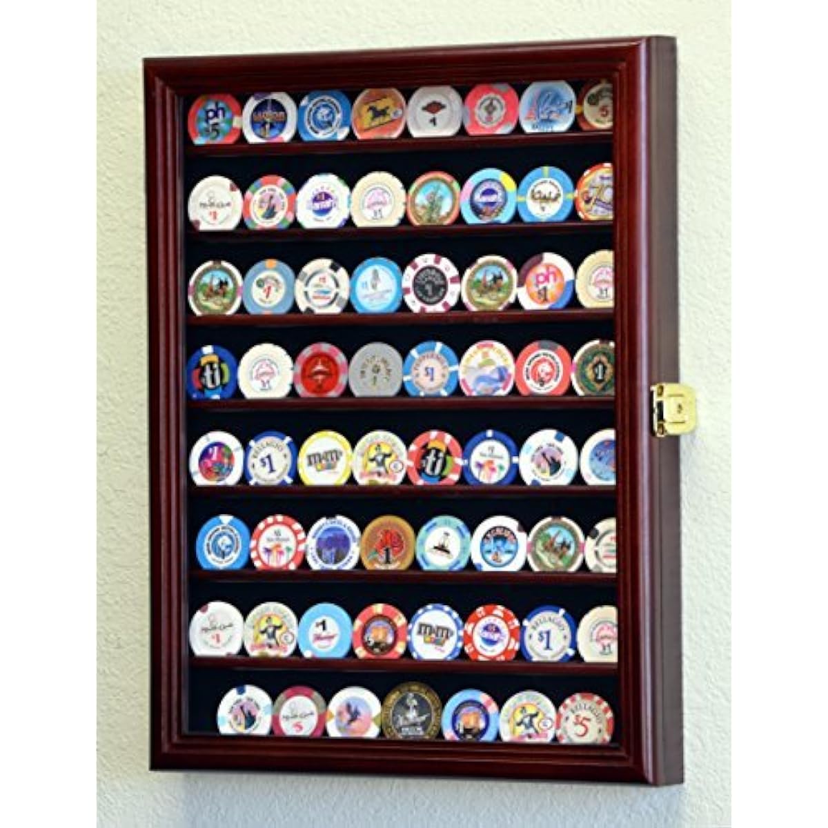 64 Casino Chip Coin Display Case Cabinet Chip Holder Wall Rack UV98% Cherry